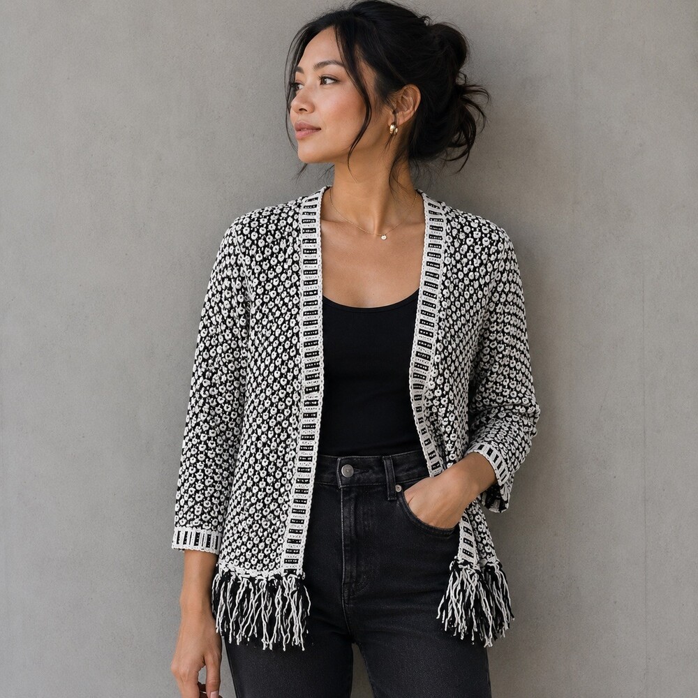 Chico's Womens Black White Geometric Knit Fringe Open Cardigan Sweater Sz 00